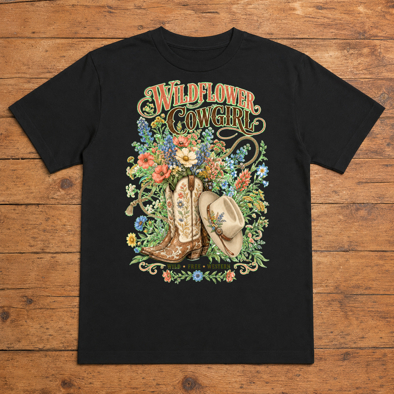 Wildflower Cowgirl Premium DTF T-Shirt flat lay showing large back print