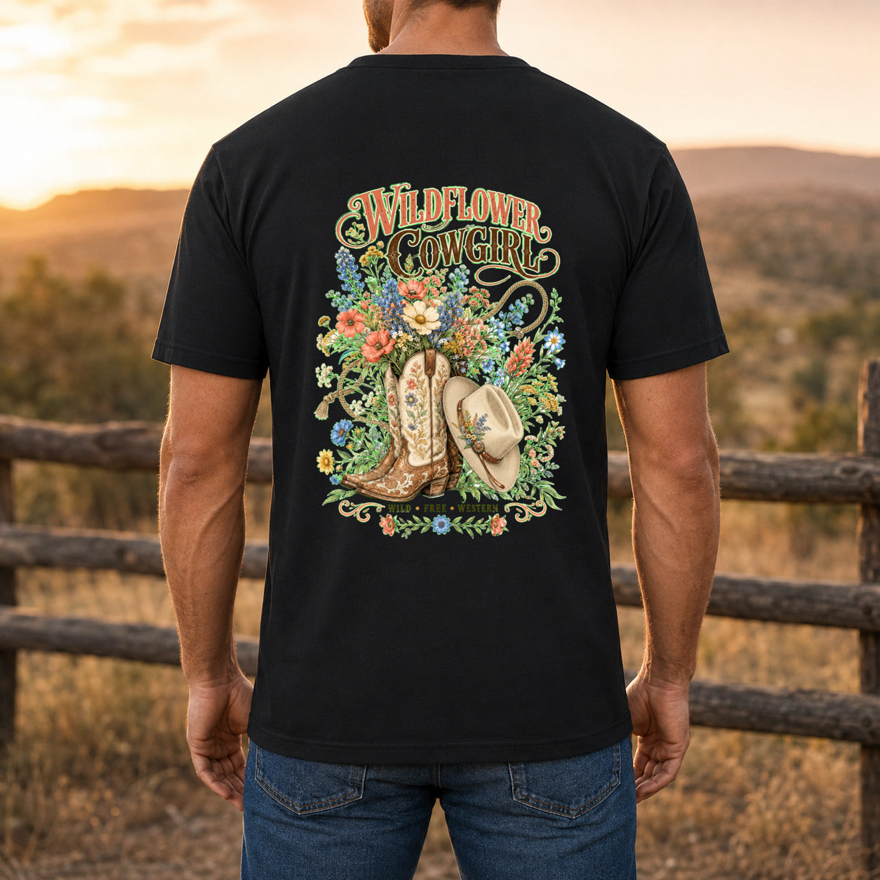 Wildflower Cowgirl Premium DTF T-Shirt men’s back fit showing DTF print