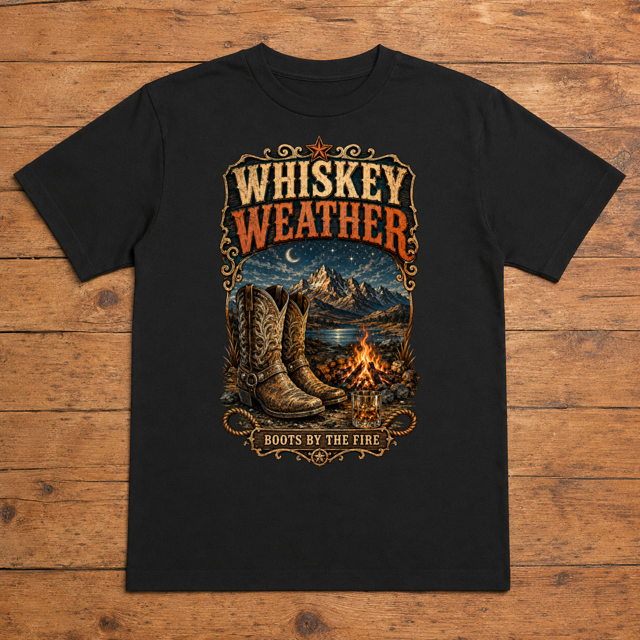 Whiskey Weather black country campfire T-shirt flat lay with large back print