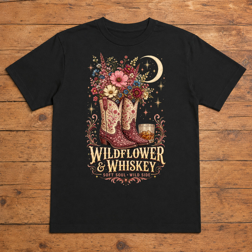 Wildflower & Whiskey black cowgirl western T-shirt flat lay with large back print