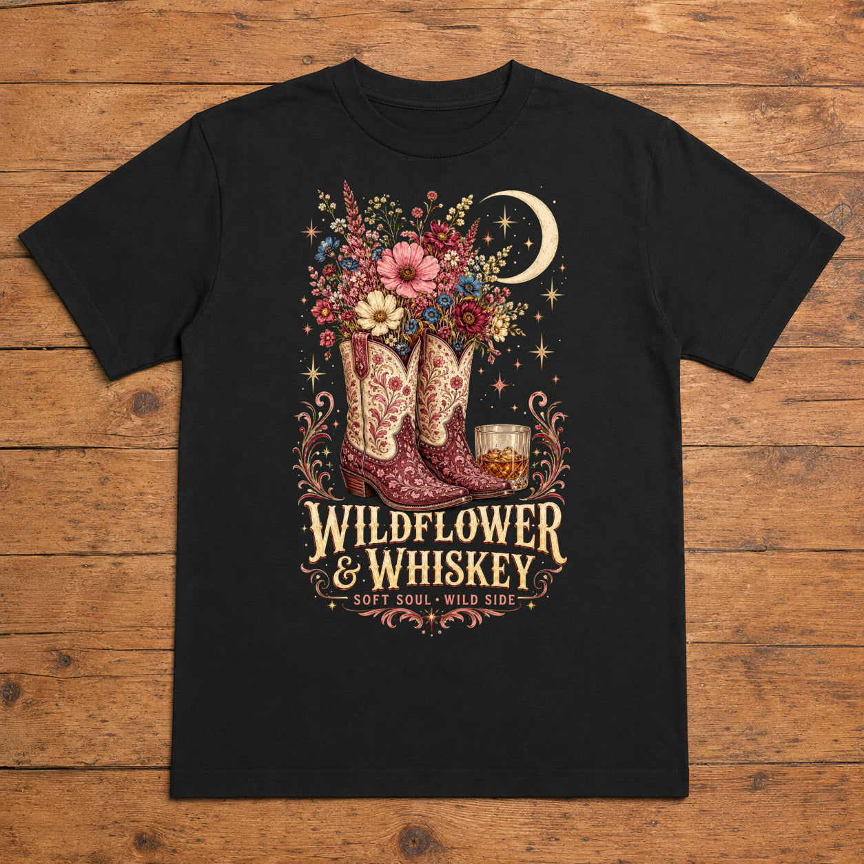 Wildflower & Whiskey black cowgirl western T-shirt flat lay with large back print