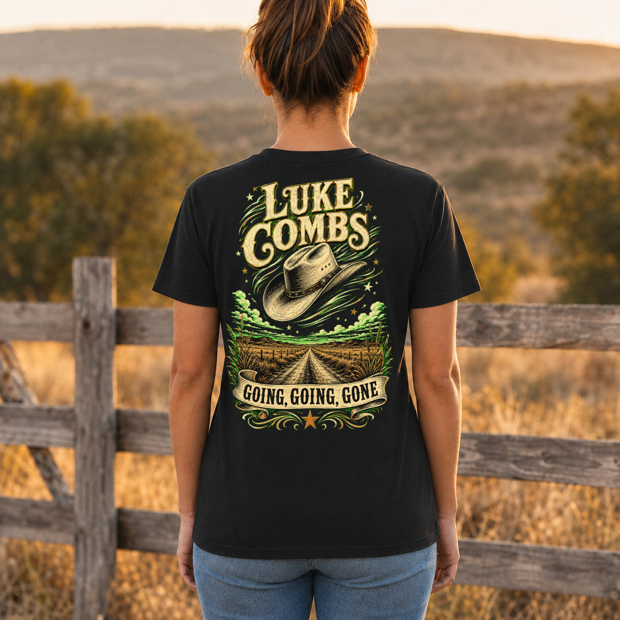 Luke Combs “Going, Going, Gone” Back-Print T-Shirt female back-view mockup