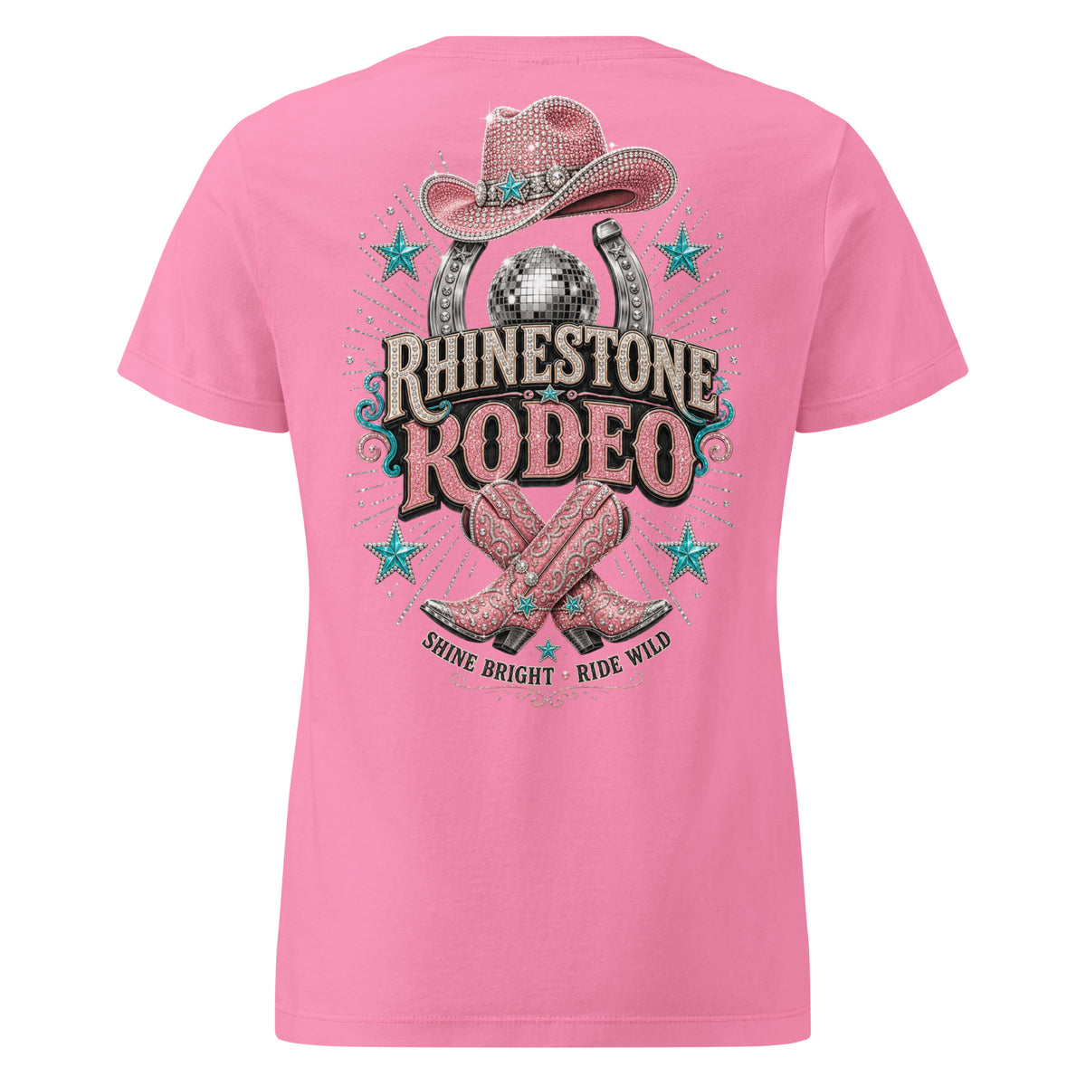 Azalea pink women's T-shirt with Rhinestone Rodeo cowgirl back design