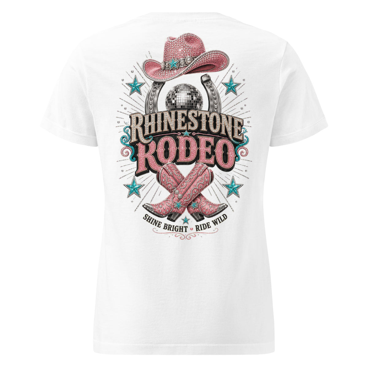 White women's T-shirt with pink Rhinestone Rodeo back graphic
