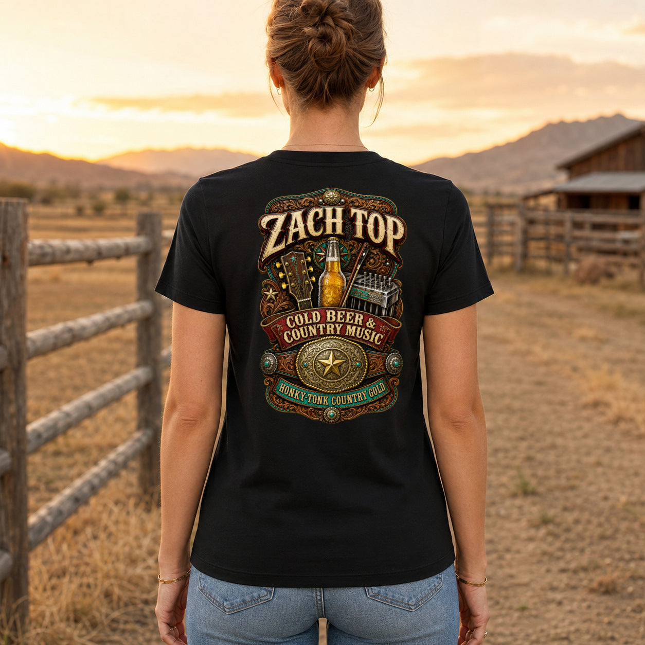 Zach Top Cold Beer & Country Music Premium DTF T-Shirt women’s back fit showing centred DTF print