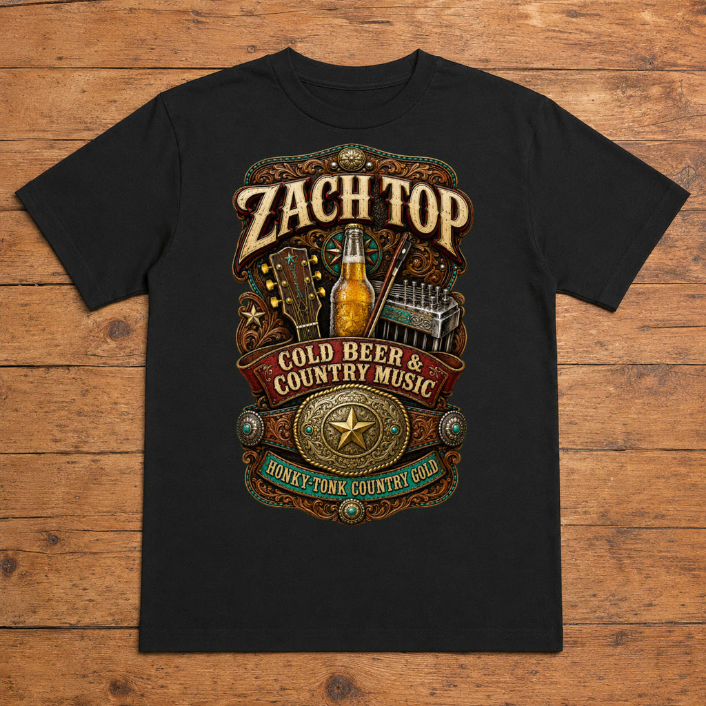 Zach Top Cold Beer & Country Music Premium DTF T-Shirt flat lay showing large back print