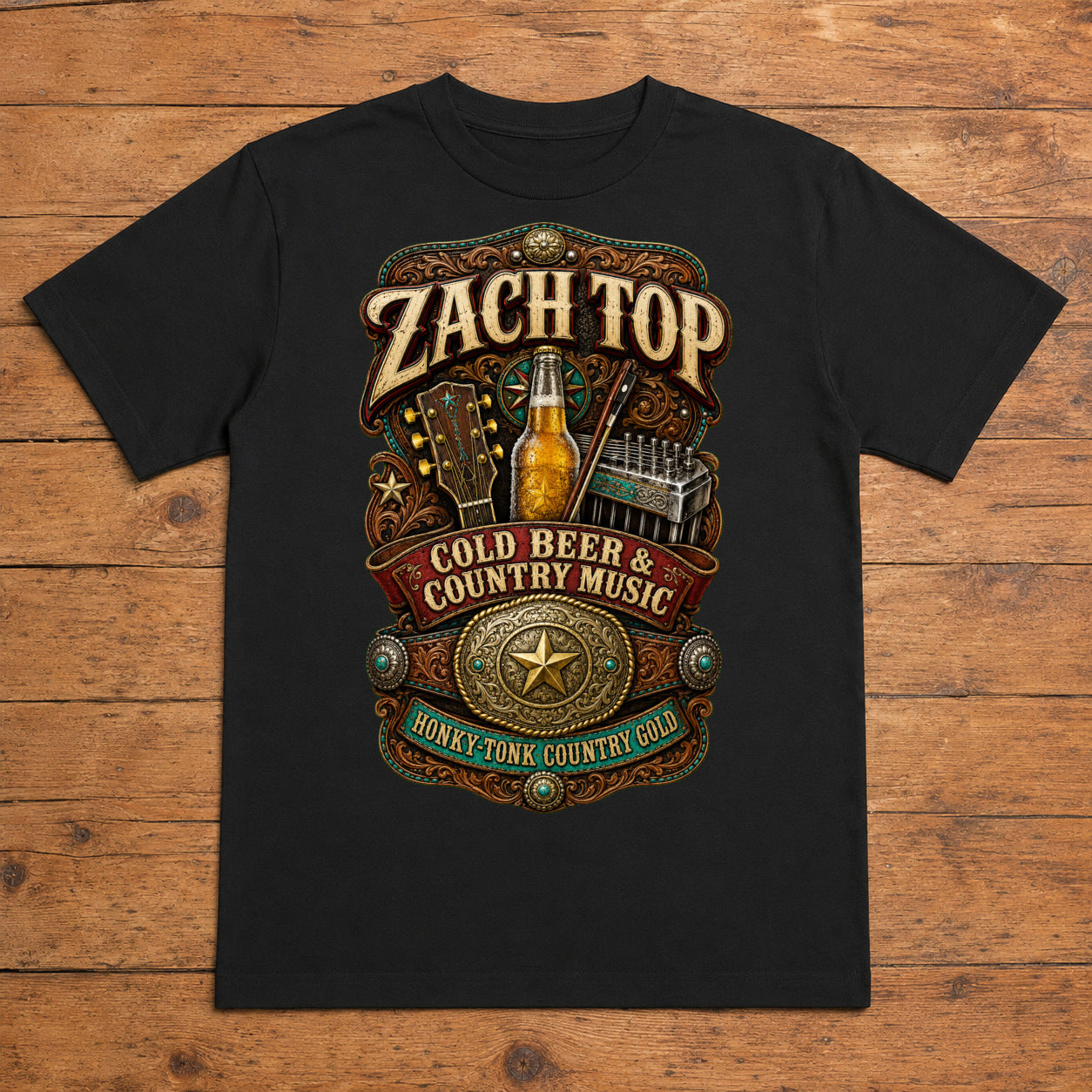 Zach Top Cold Beer & Country Music Premium DTF T-Shirt flat lay showing large back print