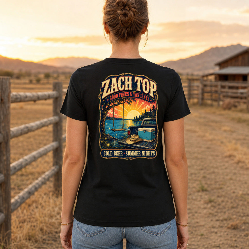 Zach Top Cold Beer Summer Nights Premium DTF T-Shirt women’s back fit showing centred DTF print