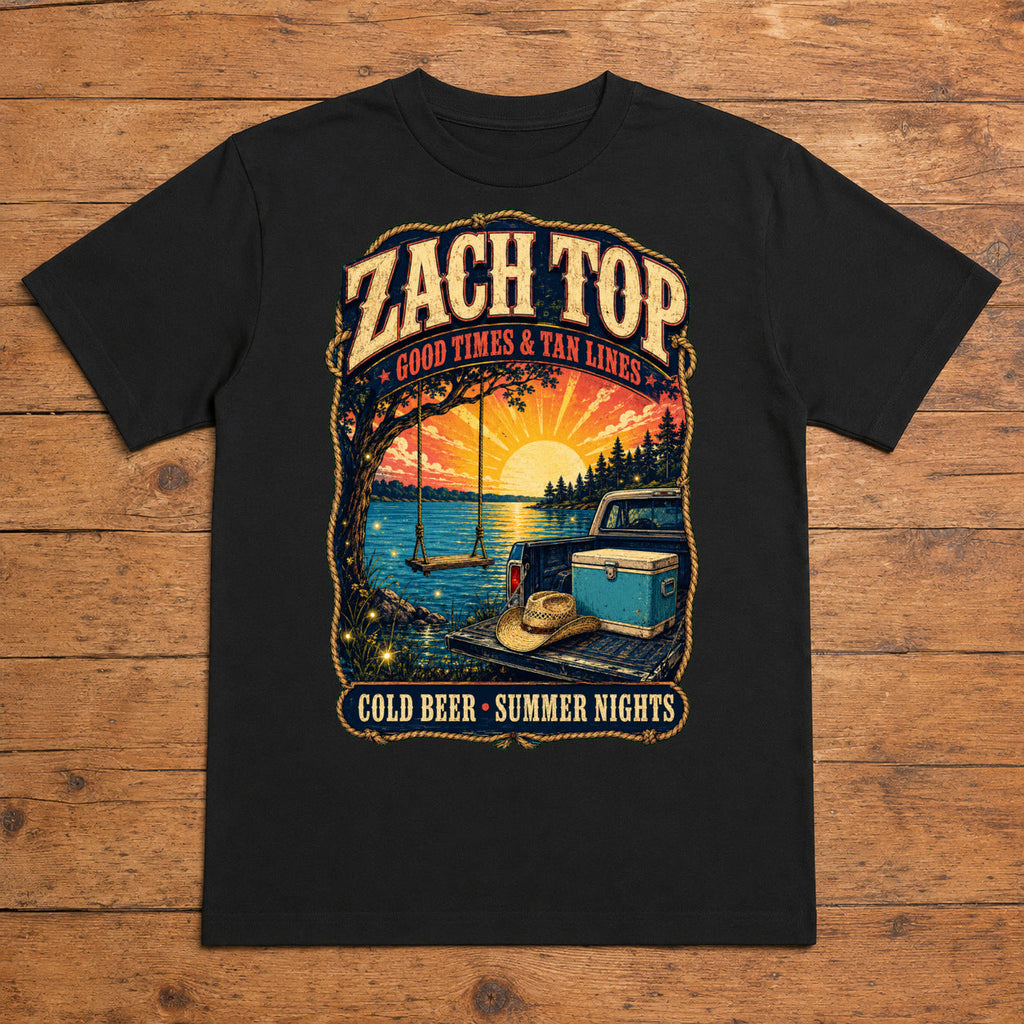 Zach Top Cold Beer Summer Nights Premium DTF T-Shirt flat lay showing large back print
