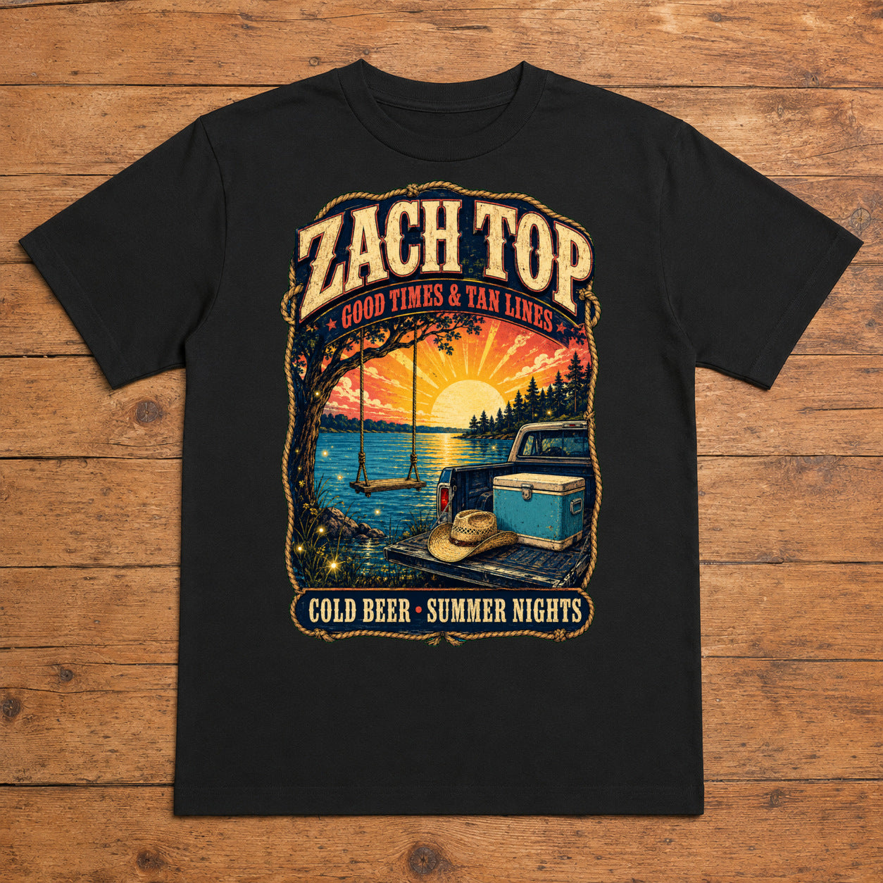 Zach Top Cold Beer Summer Nights Premium DTF T-Shirt flat lay showing large back print