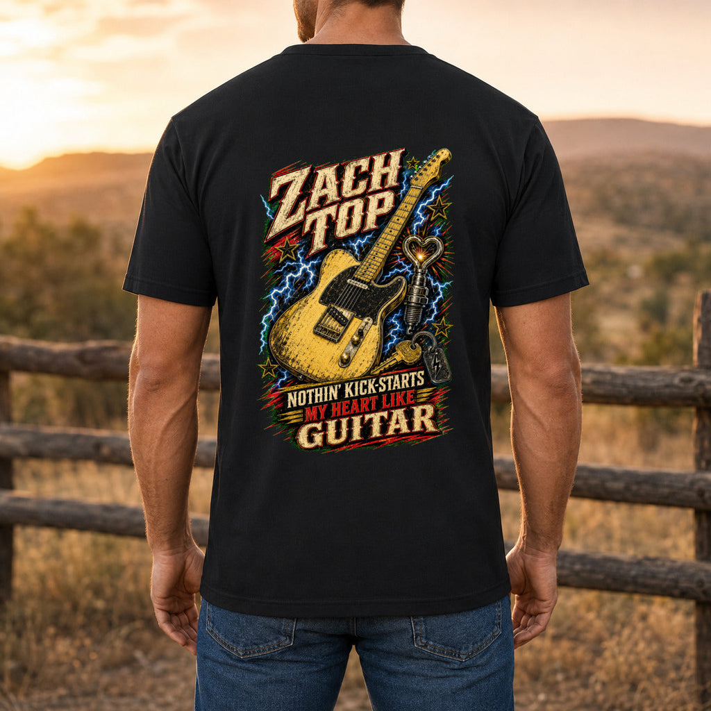Zach Top Kick-Start Country Guitar Premium DTF T-Shirt men’s back fit showing DTF print
