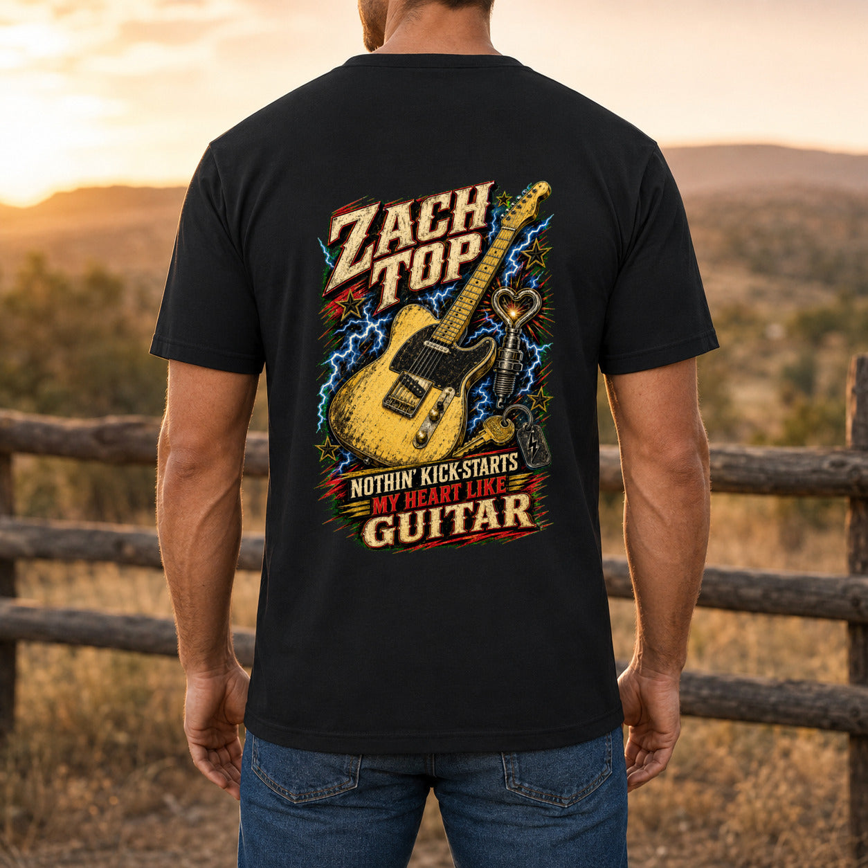 Zach Top Kick-Start Country Guitar Premium DTF T-Shirt men’s back fit showing DTF print