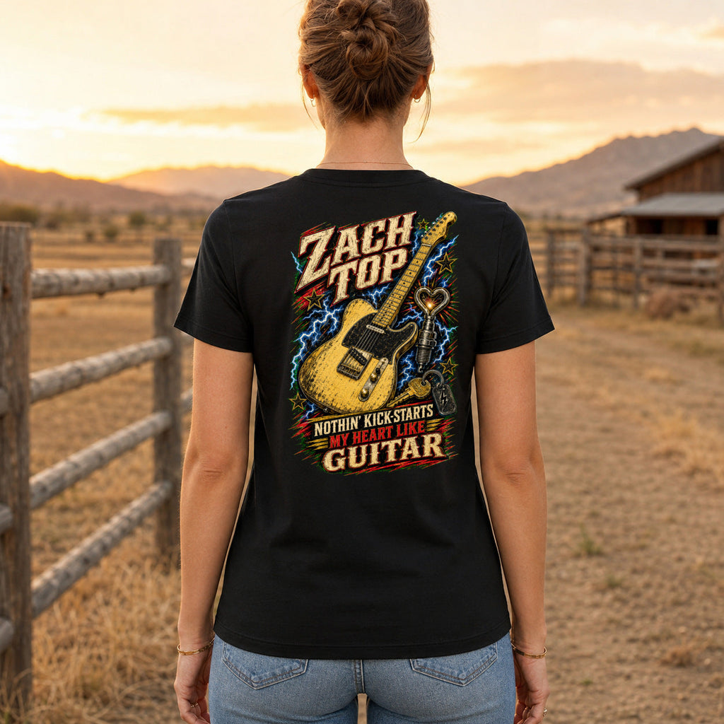Zach Top Kick-Start Country Guitar Premium DTF T-Shirt women’s back fit showing centred DTF print