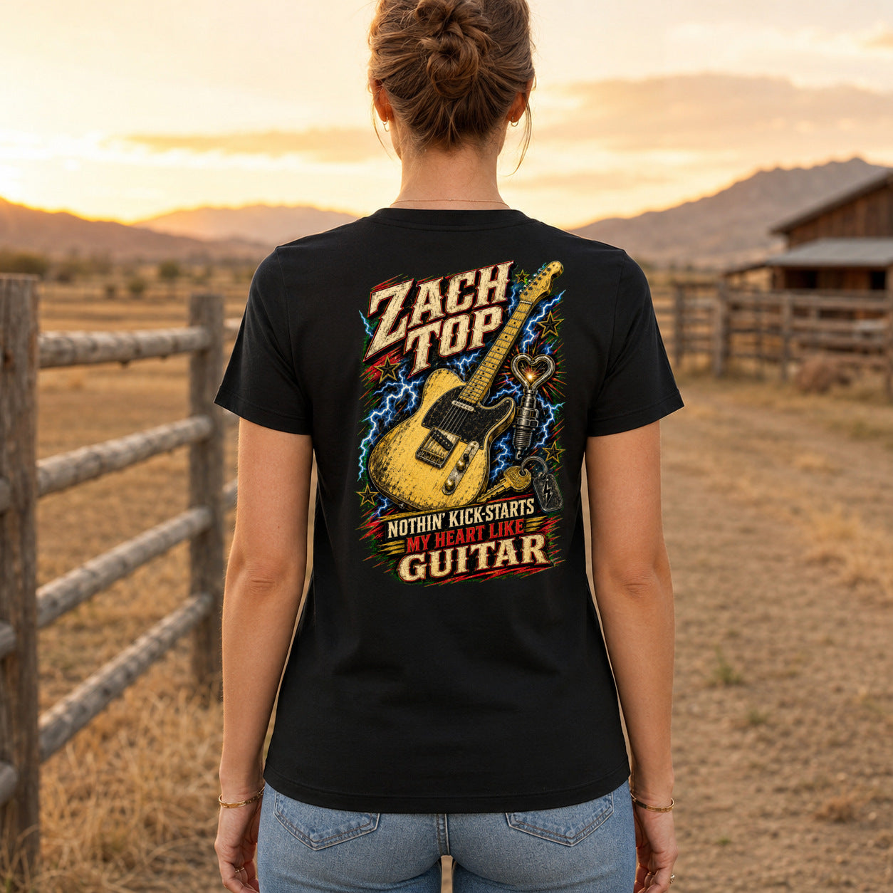 Zach Top Kick-Start Country Guitar Premium DTF T-Shirt women’s back fit showing centred DTF print