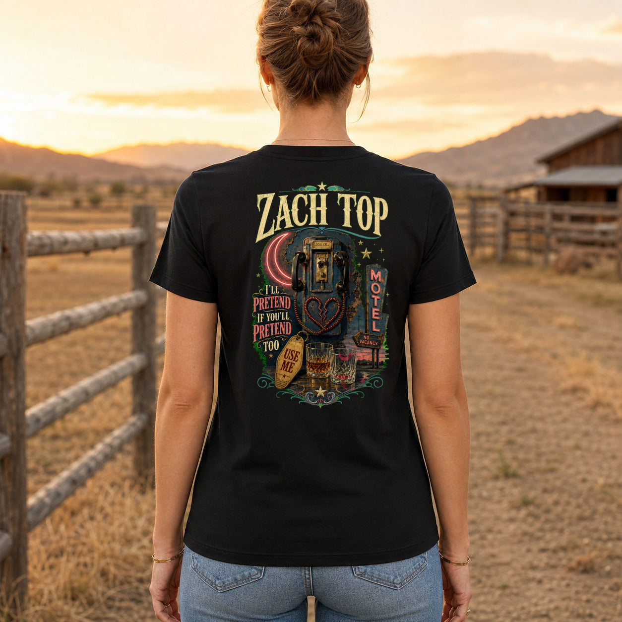 Zach Top Neon Motel Heartbreak Premium DTF T-Shirt women’s back fit showing centred DTF print