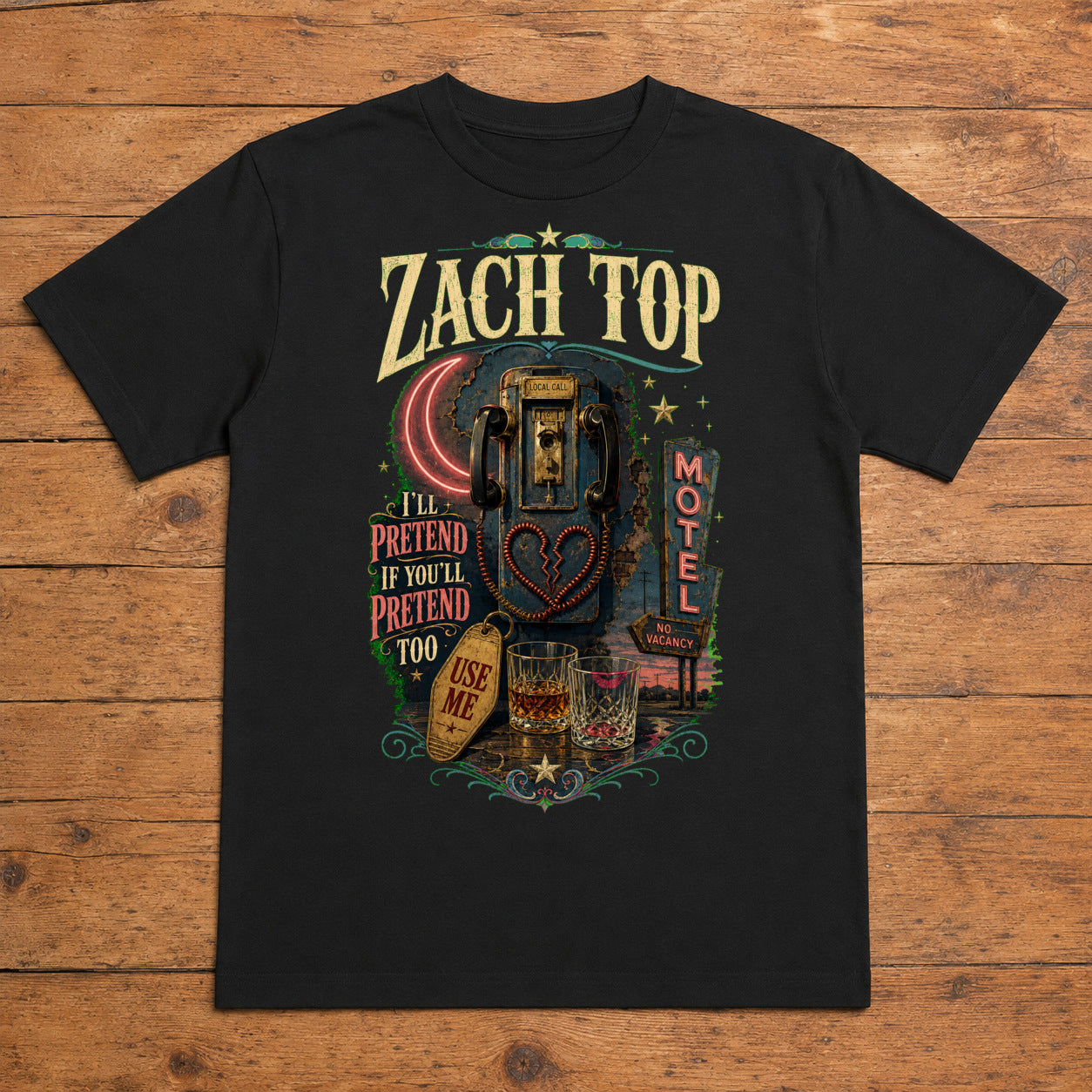 Zach Top Neon Motel Heartbreak Premium DTF T-Shirt flat lay showing large back print