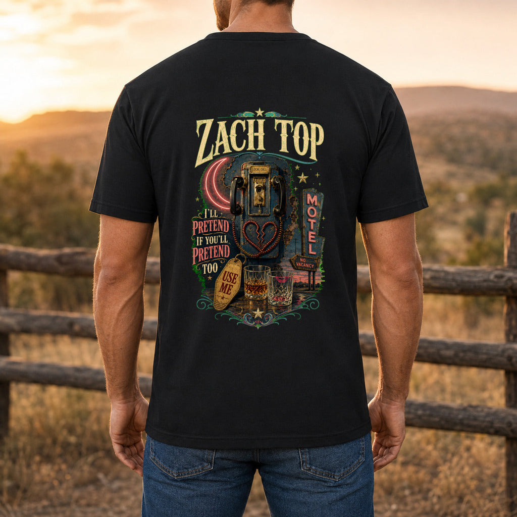 Zach Top Neon Motel Heartbreak Premium DTF T-Shirt men’s back fit showing DTF print