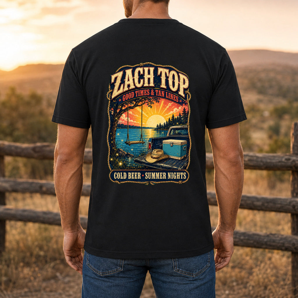 Zach Top Cold Beer Summer Nights Premium DTF T-Shirt men’s back fit showing DTF print
