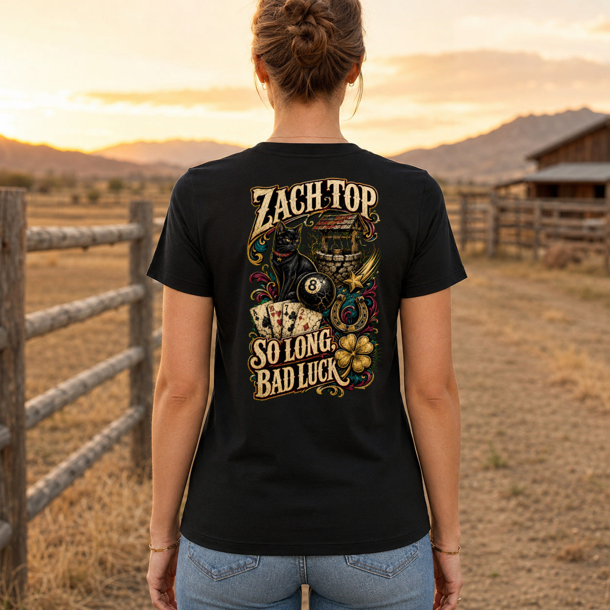 Zach Top So Long Bad Luck Premium DTF T-Shirt women’s back fit showing centred DTF print