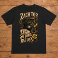 Zach Top So Long Bad Luck Premium DTF T-Shirt flat lay showing large back print