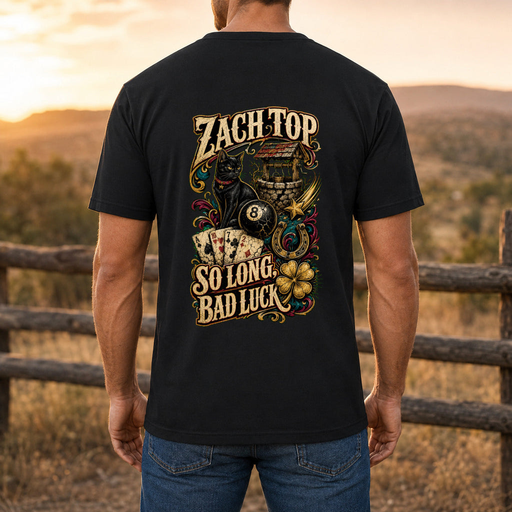 Zach Top So Long Bad Luck Premium DTF T-Shirt men’s back fit showing DTF print