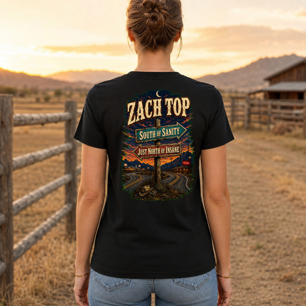 Zach Top South of Sanity Premium DTF T-Shirt women’s back fit showing centred DTF print