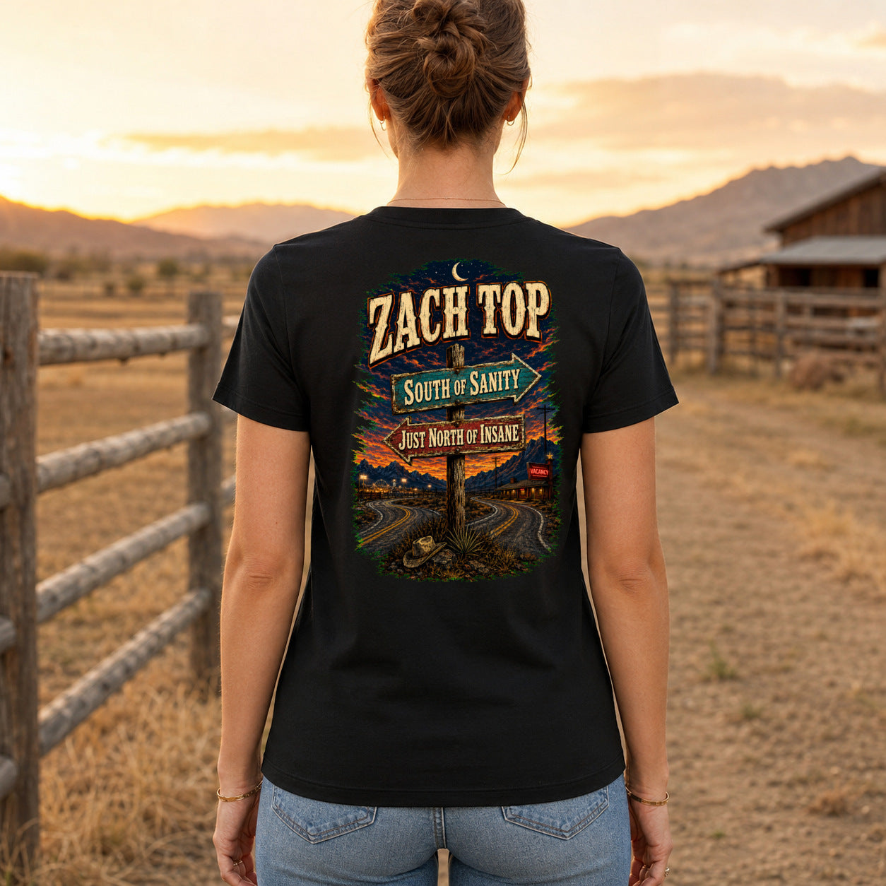 Zach Top South of Sanity Premium DTF T-Shirt women’s back fit showing centred DTF print
