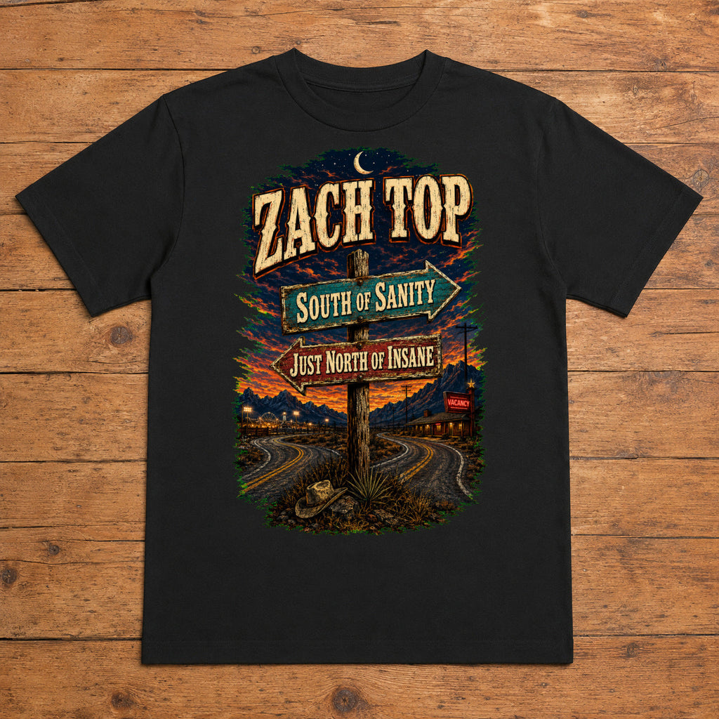 Zach Top South of Sanity Premium DTF T-Shirt flat lay showing large back print