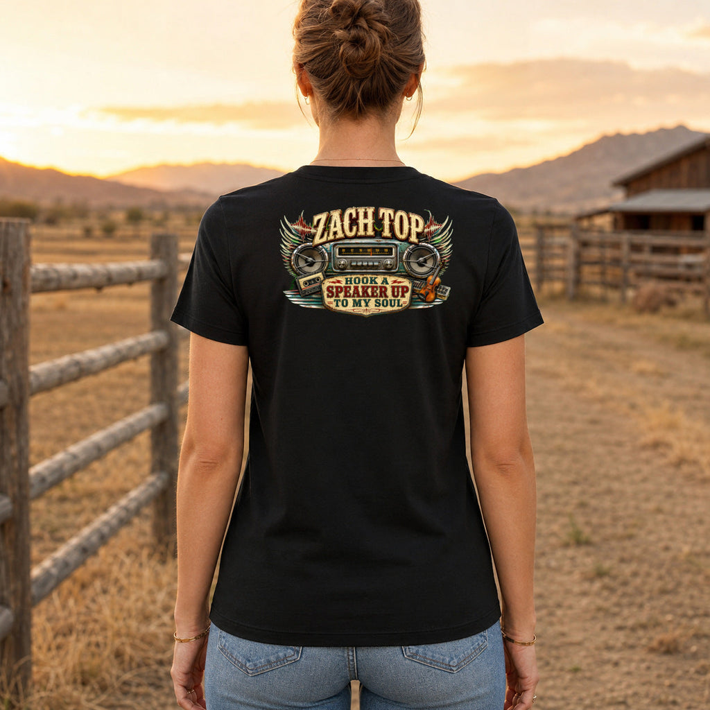 Zach Top Vintage Country Radio Premium DTF T-Shirt women’s back fit showing centred DTF print