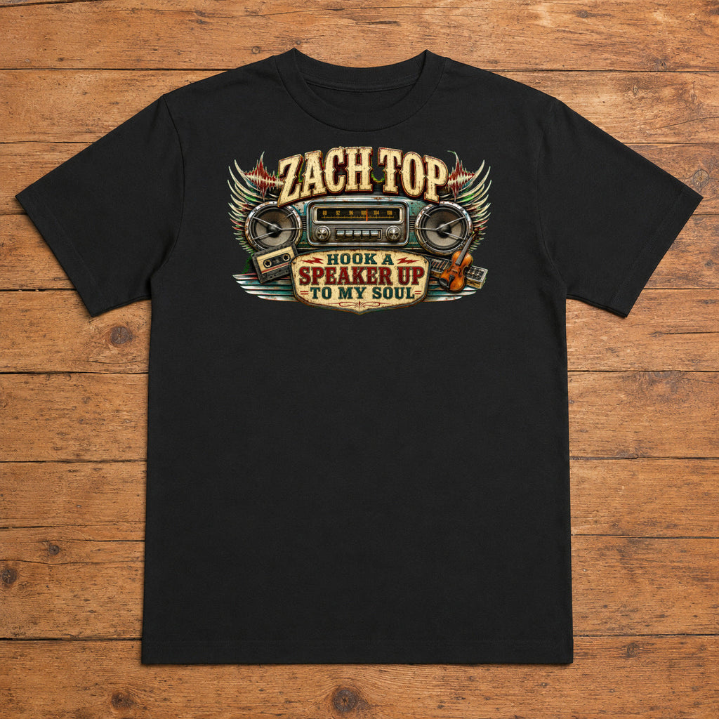 Zach Top Vintage Country Radio Premium DTF T-Shirt flat lay showing large back print